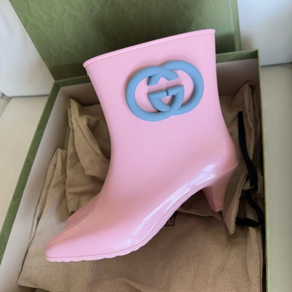 New Authentic Gucci Interlocking GG Logo Rubber Boots Pink Size 39 / US 9 - Picture 5 of 7